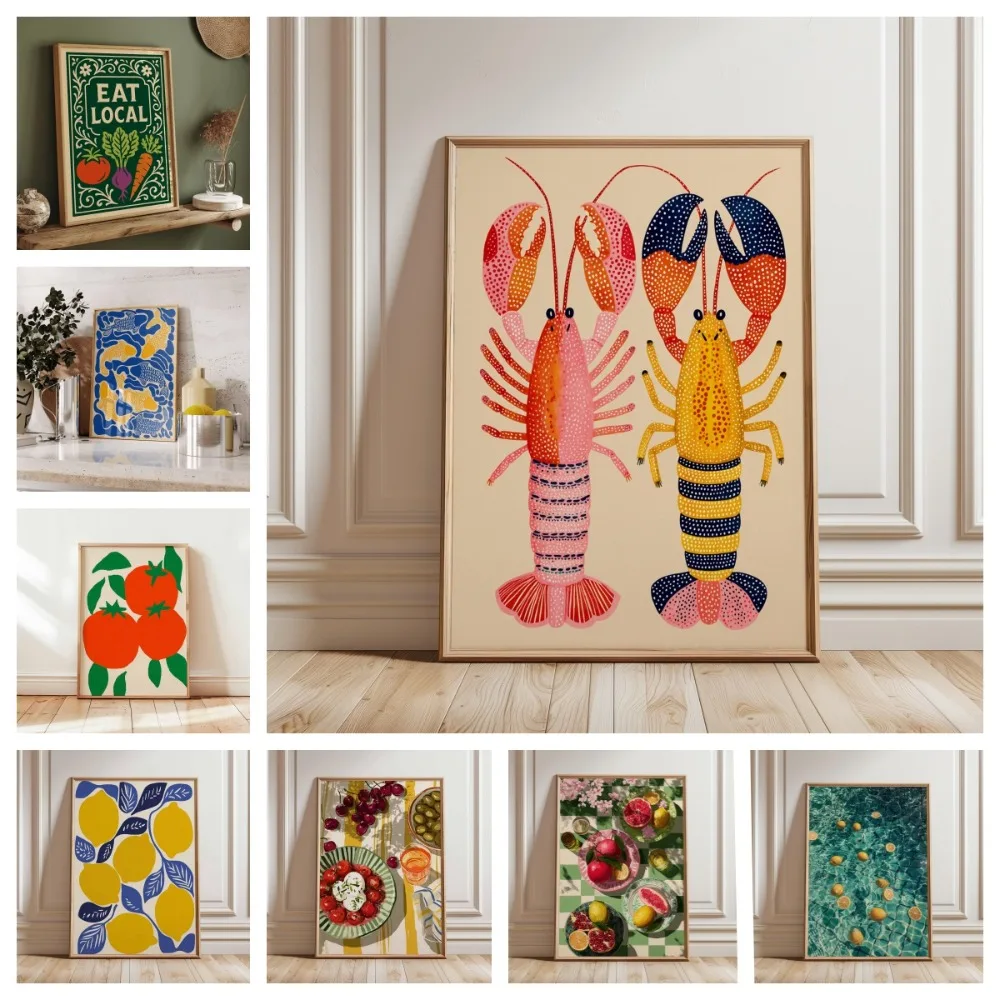 Frameless Art Print Featuring Lobster,Fish,and Food;Modern Summer Coastal Poster;for Kitchen and Dining Room Wall Art Decoration