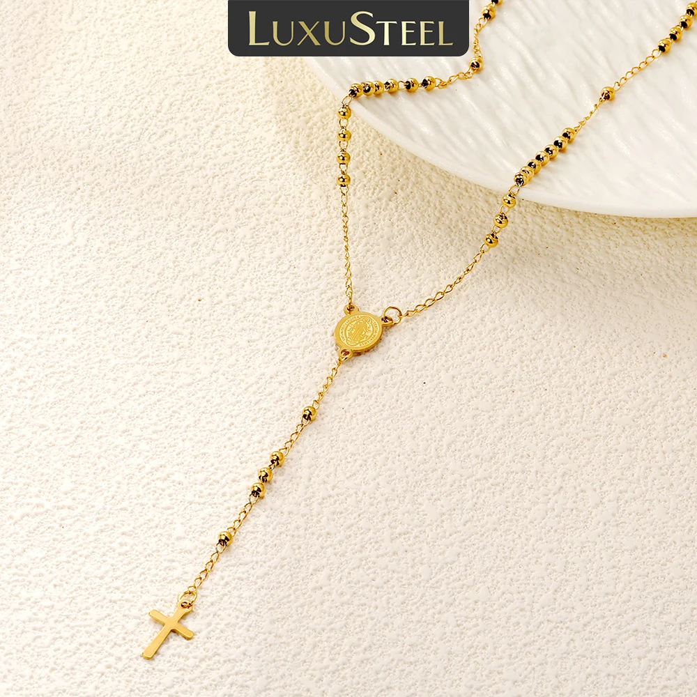 LUXUSTEEL Golden Cross Jesus Necklace For Men Women Virgin Mary Pendant Stainless Steel Long Necklace Bead Chain Jewelry