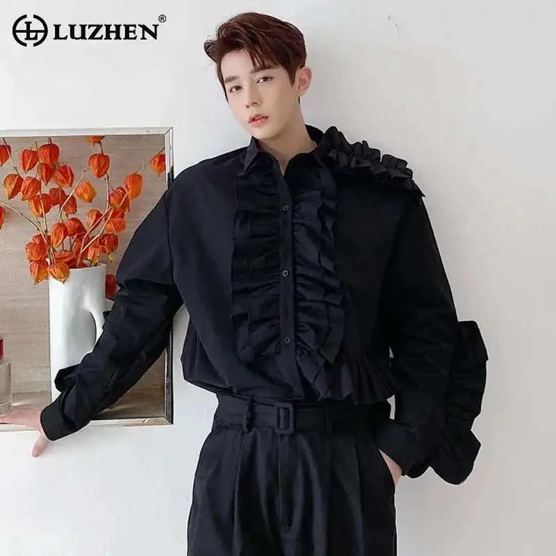

LUZHEN 2025 Spring New Fashion Solid Color Ruched Splicing Design Casual Shirts Men Long Sleeve Elegant Luxury Tops Loose LZ2309