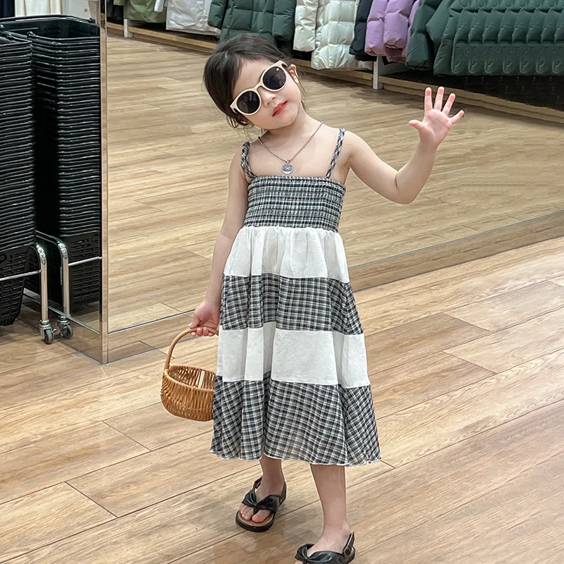 Girls Skirt 2024 Spring New Girl Personality Dynamic Color Matching Strap Dress Girl Temperament Casual Plaid Dress Simple