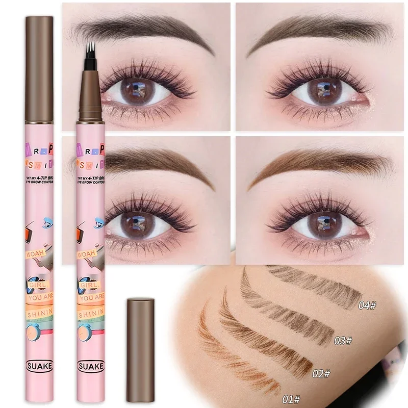 4 Point Eyebrow Pen Waterproof Liquid 4 Fork Tip Eyebrow Tattoo Pencil Makeup Natural Dark Brown Long Lasting Eyebrow Enhancers