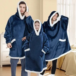 Winter Warm TV Blanket with Sleeves Big Pocket Fleece Family Sherpa Hoodies Oversized Flannel Soft Hooded Robe Blankets