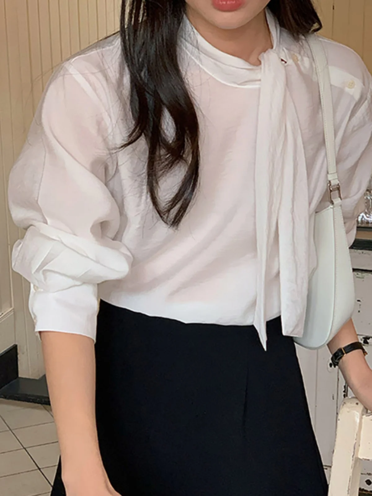 

Ele White Long Sve Women's irt Versatile Faionable Spring New Arrival Premium Quali Tie Ne Scarf Loose Fit