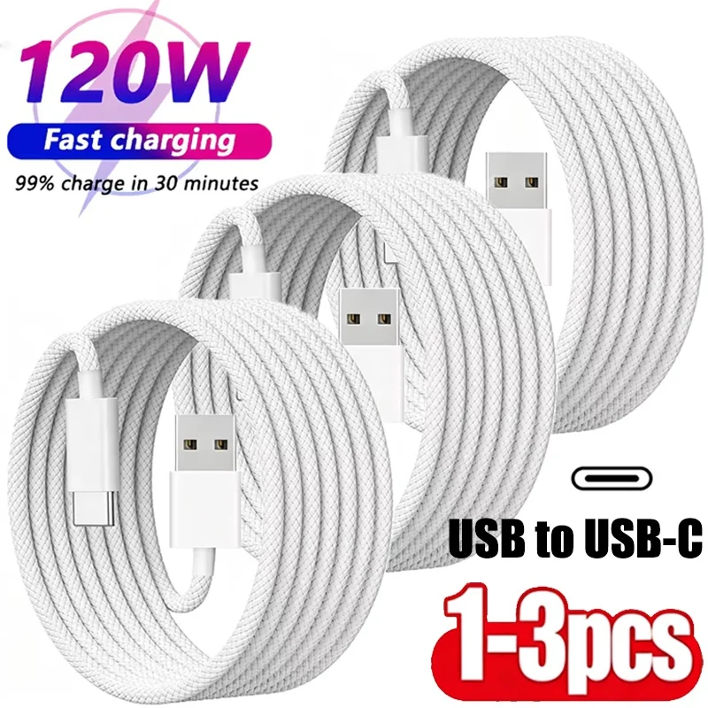 Cabo USB C de 120W para iPhone 16 15 17 Pro Max 17 Air, Carregamento Rápido, Cabo Trançado Tipo-C, Linha de Dados USB para Tipo C