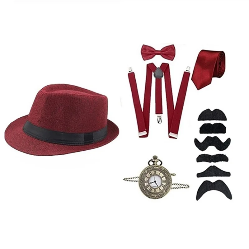 Halloween Retro Medieval 1920s Makeup Ball Party Men Cosplay Gong Tingfeng Top Hat Pocket Watch Strap Tie Hat Set