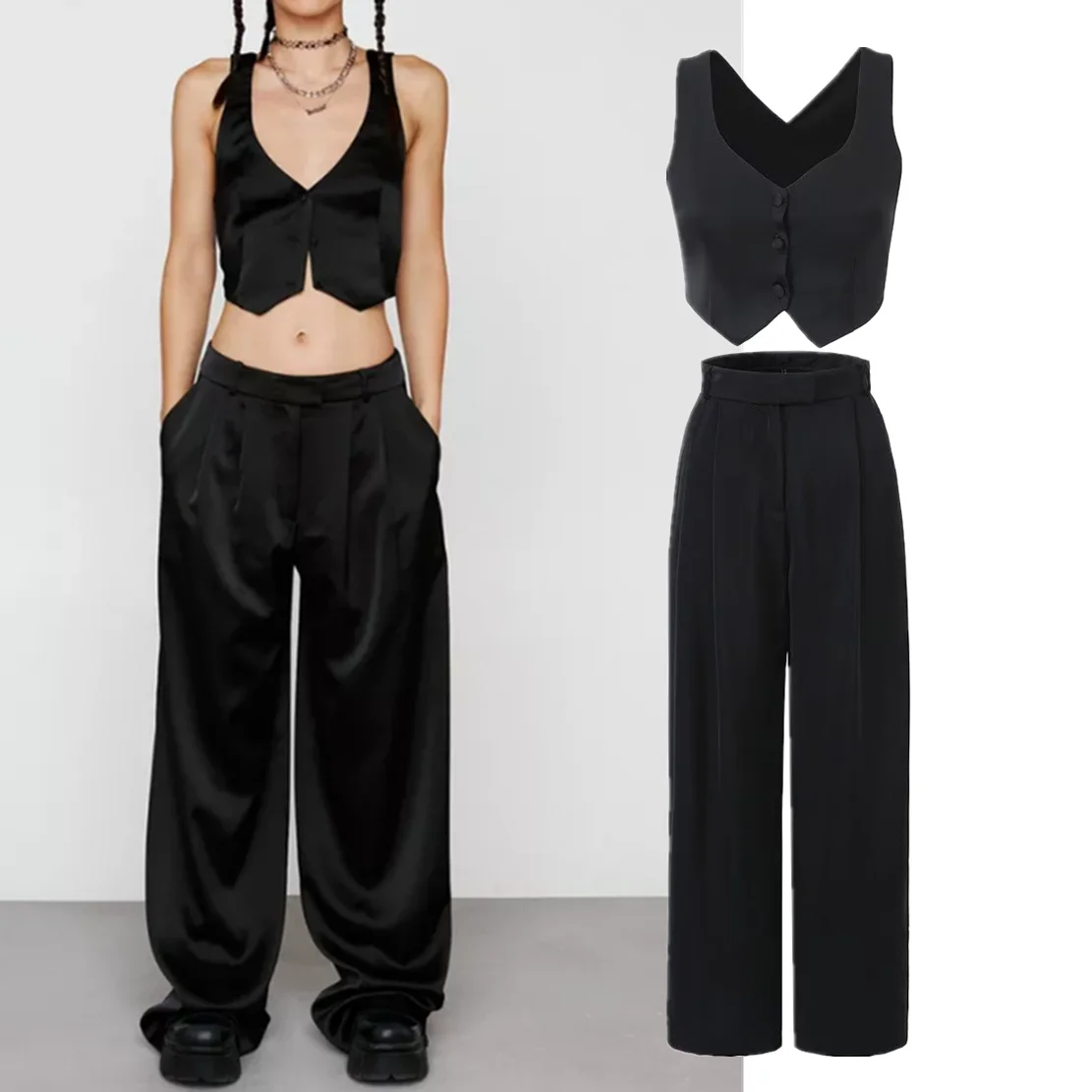 

Withered England Style Fashion Blogger Vest Tank Tops High Waist Pleated Wide Leg Pants Two Pieces Sets Women