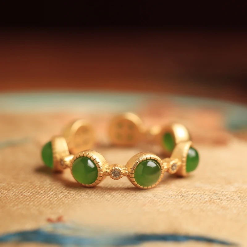 

Natural Hetian Jade Sterling Silver Living Ring Women's Premium Light Luxury 18k Pack Gold Ring