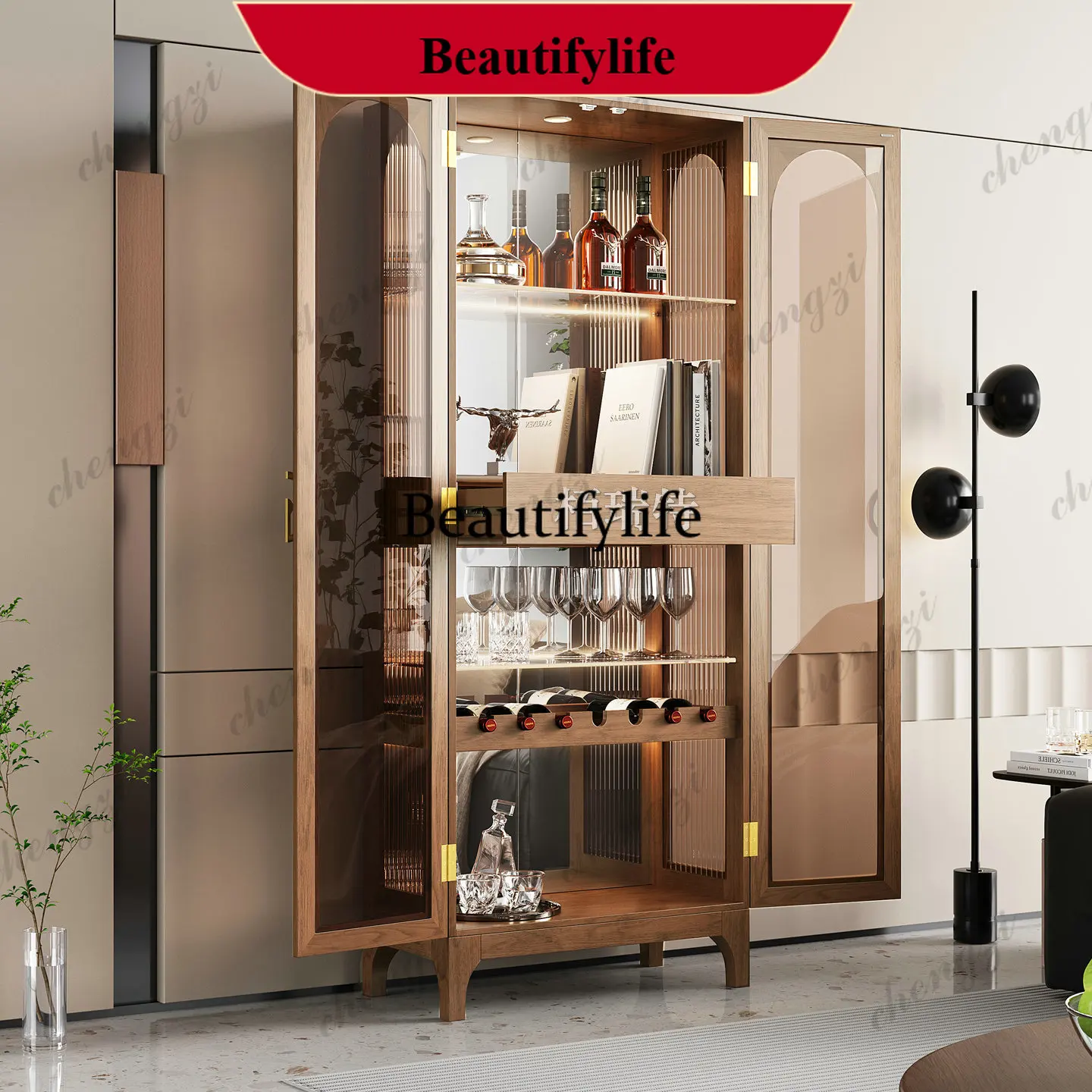 d178 Medieval walnut wine cabinet, living room against the wall, tempered glass door, locker, large-capacity display cabinet