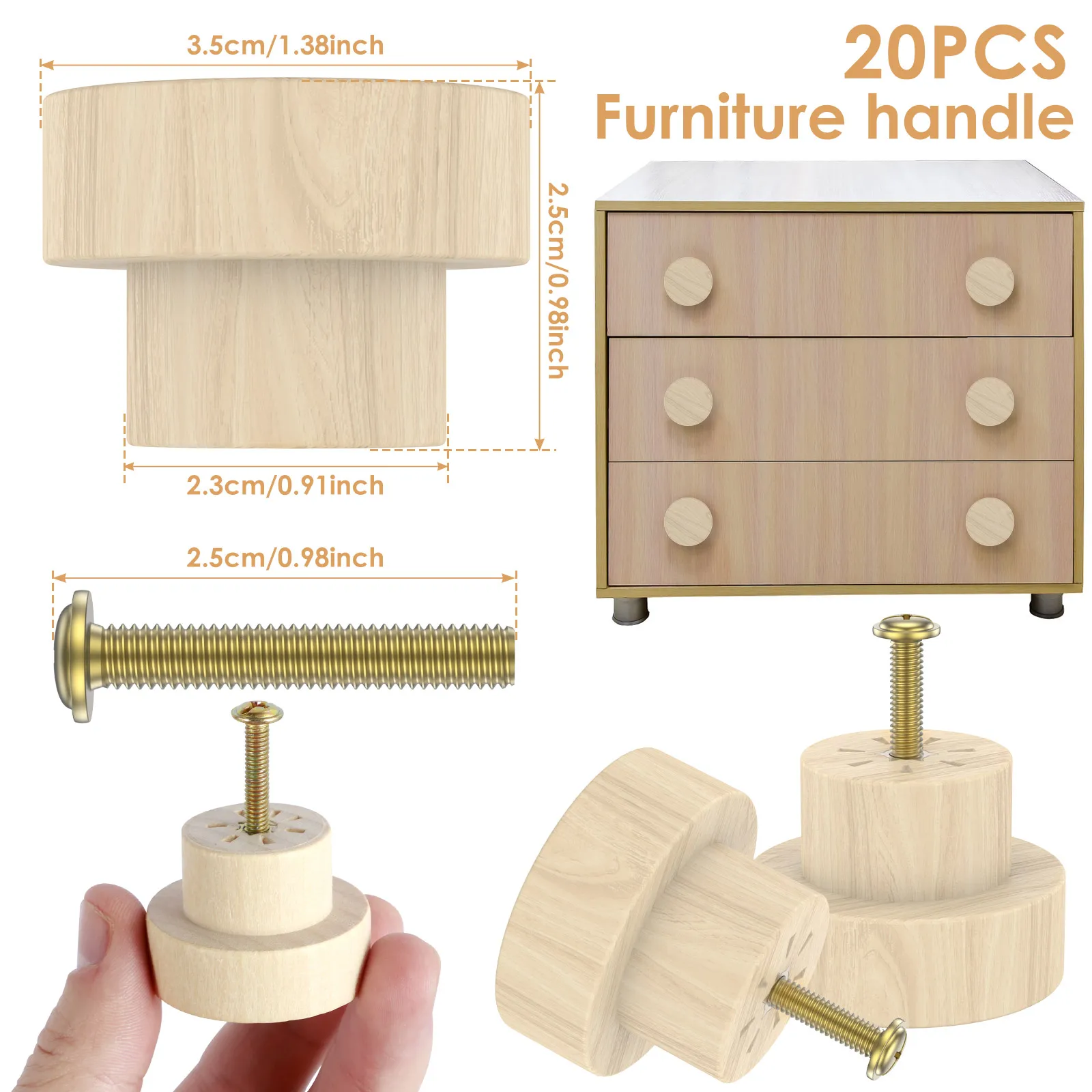20Pcs Wooden Drawer Knobs Set Cabinet Furniture Door Drawer Flat Top Pull Handle Round 35mm Wardrobe Hardware