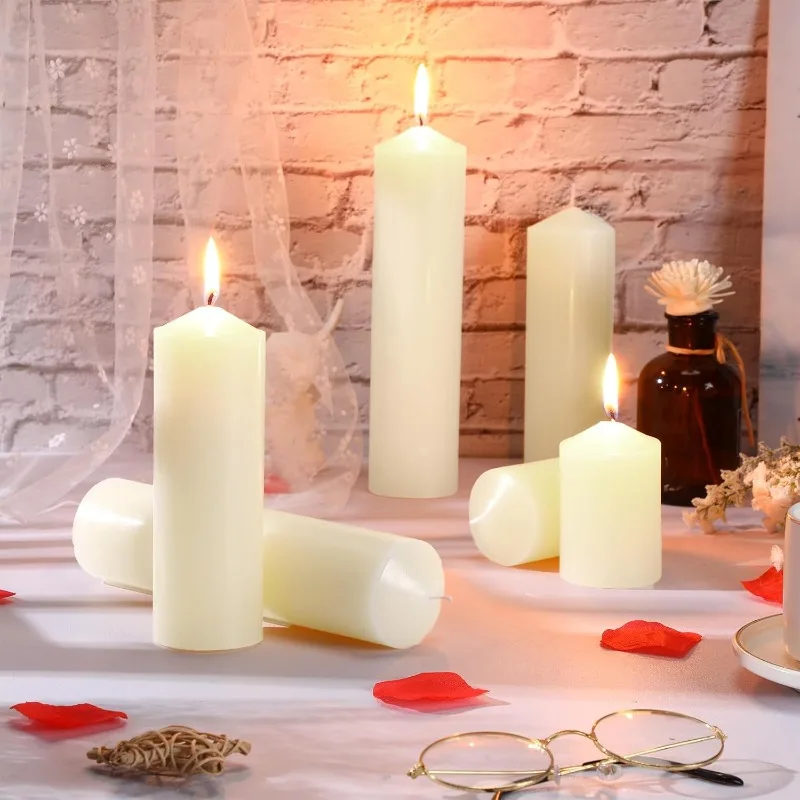 

Set of 72 Ivory Pillar Candles 2 x 3, 2 x 6, 2 x 8 Inch Smokeless and Dripless Unscented Large Candles Long Clean Burning