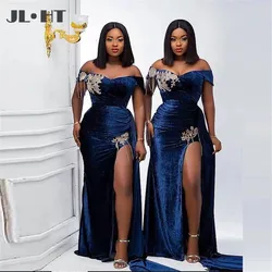 Royal Blue Velvet Mermaid Bridesmaid Dresses With Appliques High Split Plus Size Women Off Shoulder Prom Dress Wedding Party