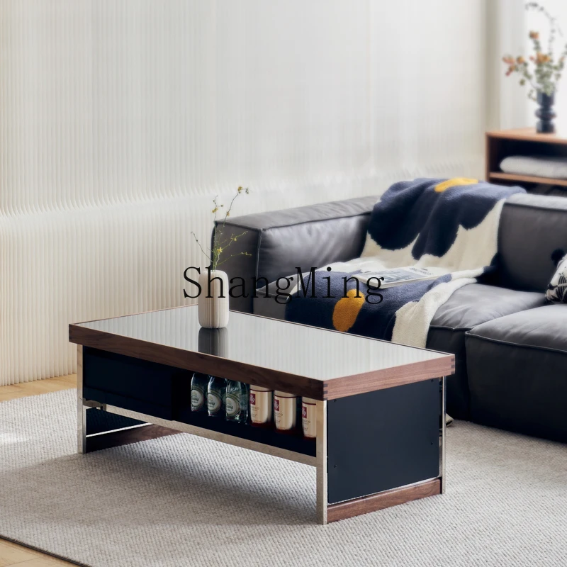 

CL/ Coffee Table Tempered Glass Top Black Walnut Solid Wood Modern Black Rectangular Small Apartment Storage