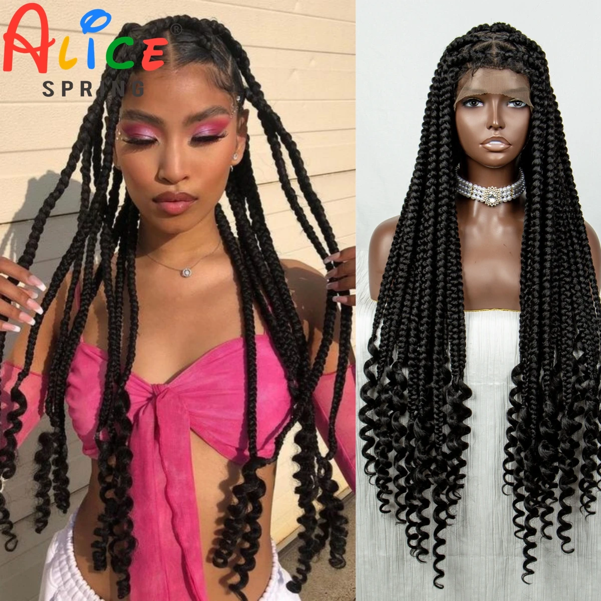 

Synthetic Full Lace Braided Wigs Lace Front Knotless Box Braided Wigs with Wave Ends for Black Women Crochet Braided Lace Wigs