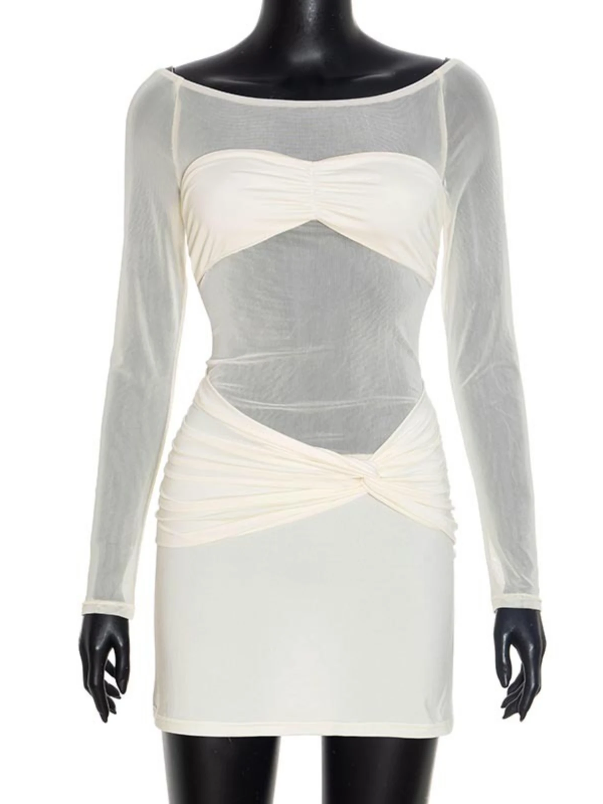 SsTss Mini abito aderente sexy in rete trasparente patchwork Donna Nuovo scollo a barchetta con spalle scoperte Manica lunga Twist Slim Abito corto da festa