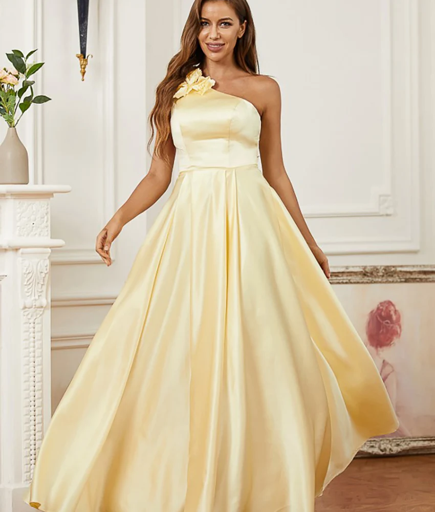 

Customized High Quality Satin A-Line One Shoulder 3D Flowers Evening Dress Delicate Sleeveless Floor Length prom dresses