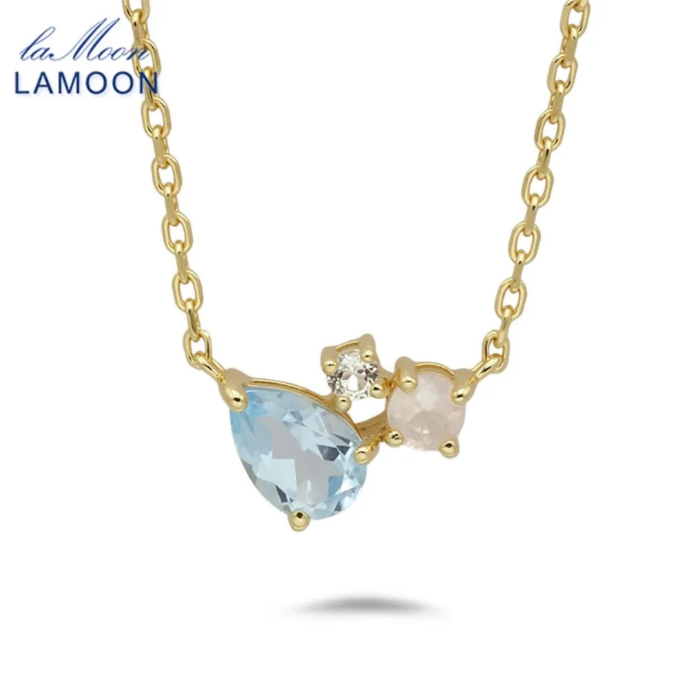 

LAMOON INS Natural Blue Crystal Pendant Necklace For Women Exquisite Elegant 925 Sterling Silver Gold Plated Fine Jewelry