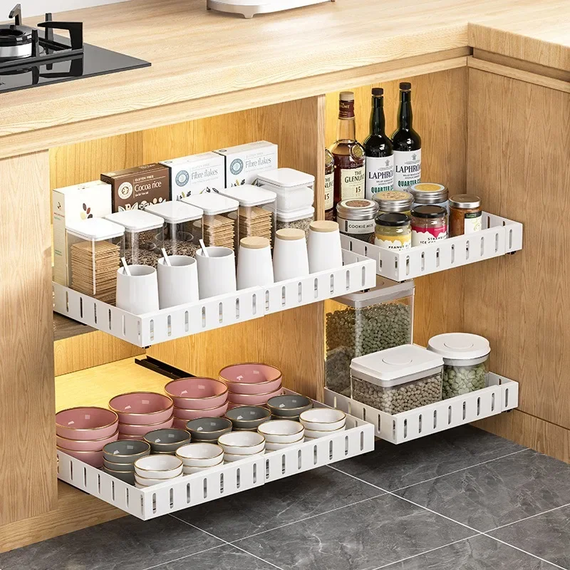 Retractable Pull-out Kitchen Storage Rack with Slide Rail Drawer Storage Tray Seasoning Box Storage Rack Kitchen Accessories