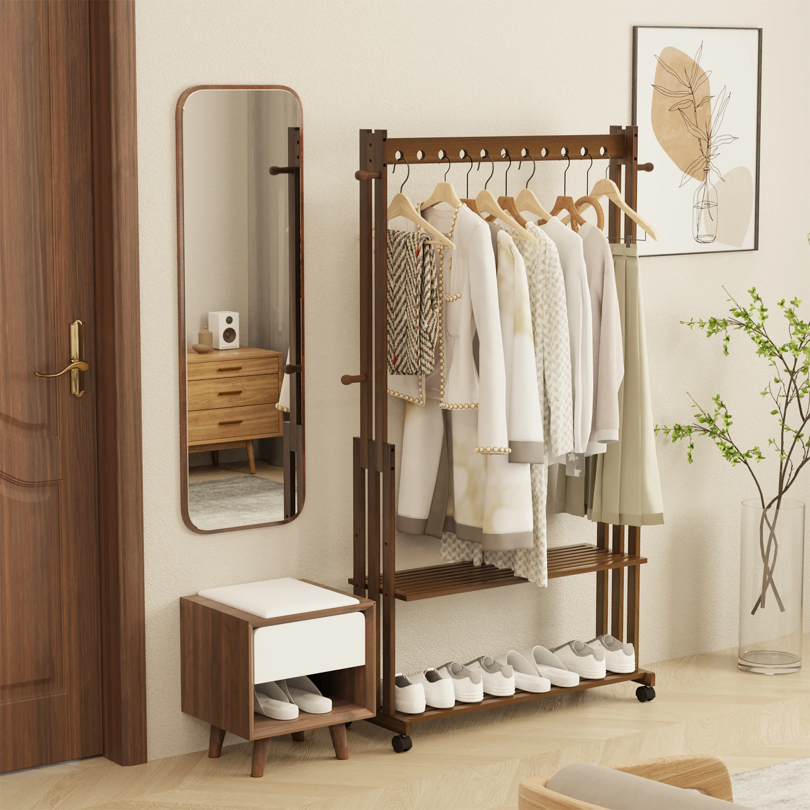 Hall Tree Hat and Coat Stand Entryway Hallway Clothes Rail Rack, 2 Shoe Shelves with Wheels, Open Wardrobe