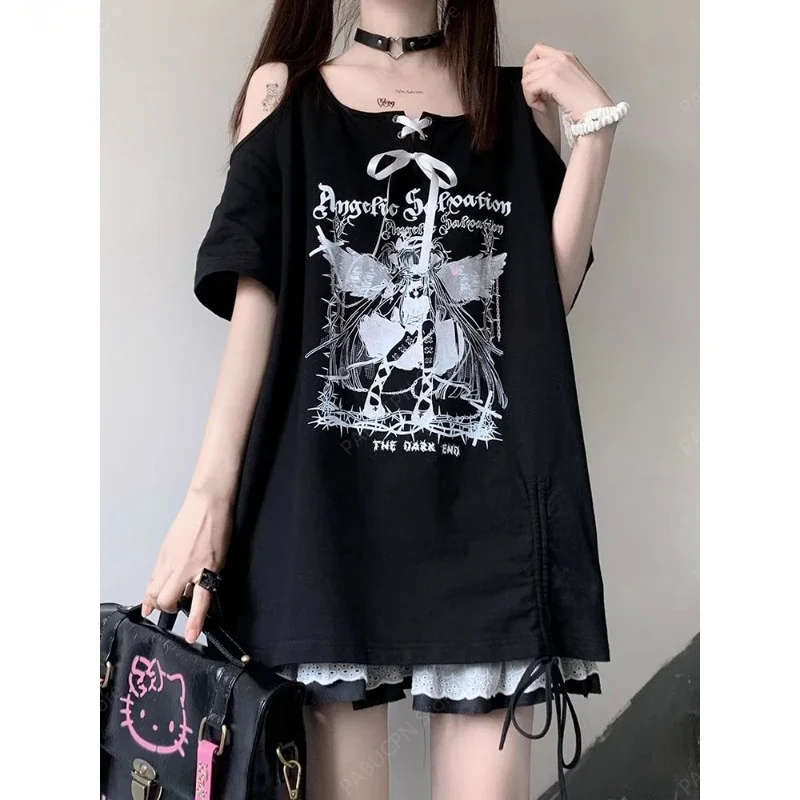 Kawaii Jirai Kei T Shirt Summer Japanese College Style Wear Womens Drawstring Off Shoulder Anime Cute Sweet Short Sleeve Y2k Top