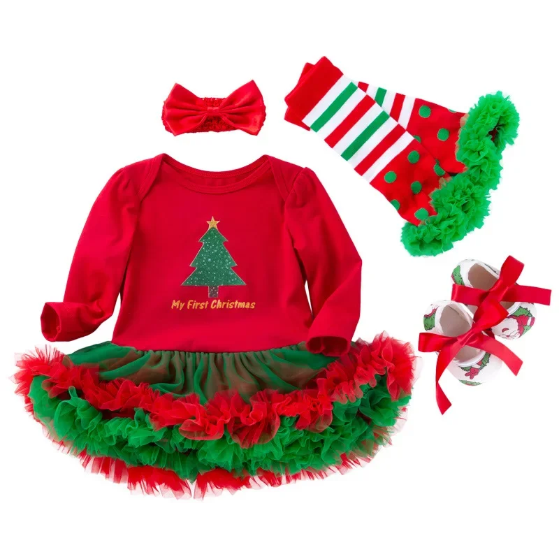 Baby Girl\'s Christmas Princess Vestido, Conjunto de quatro peças, Tiro Roupas, Vestido para menina, Feriado