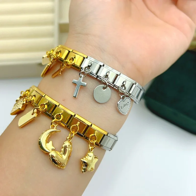 2025 Fashion Shining Love Star Moon Elastic Charm Italian Links Fit 9mm Modular Bracelet Making Women DIY Jewelry Bulk