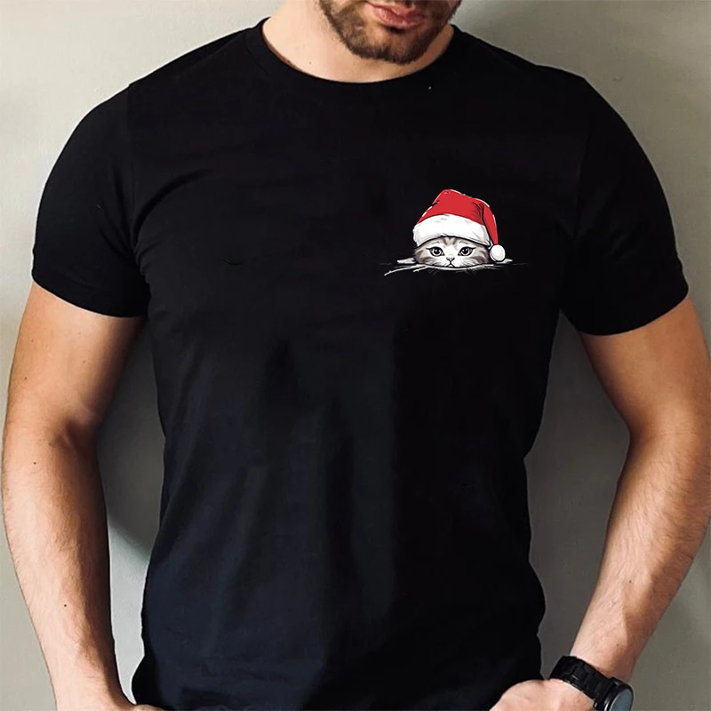 

Christmas Hat Cat T-shirts for Men Xmas Christmas Party Tops Harajuku Streetwear Casual Xmas Short Sleeve Tees Male Clothing