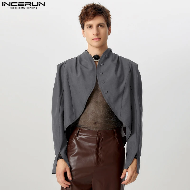 INCERUN Handsome Men Clothing Cropped Arc Swing Leg of Mutton Sleeve Blazer Sexy Male Clubwear Hot Sale Long Sleeved Suit S-5XL