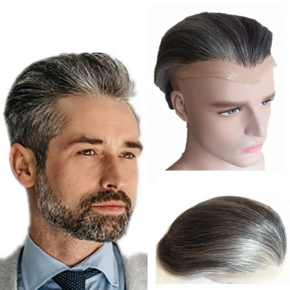 

Mono Base Lace With PU Men Toupee 100% Human Hair Older Men Hair System 8*10 #1B80 Hair Replacement Straight Hair