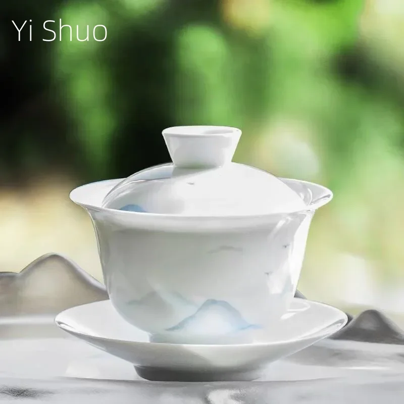 Yuanshan Hand Painted Gaiwan Ceramic Single Kung Fu Gaiwan High-End Affordable Luxury White Porcelain Tea Bowl Tea Making