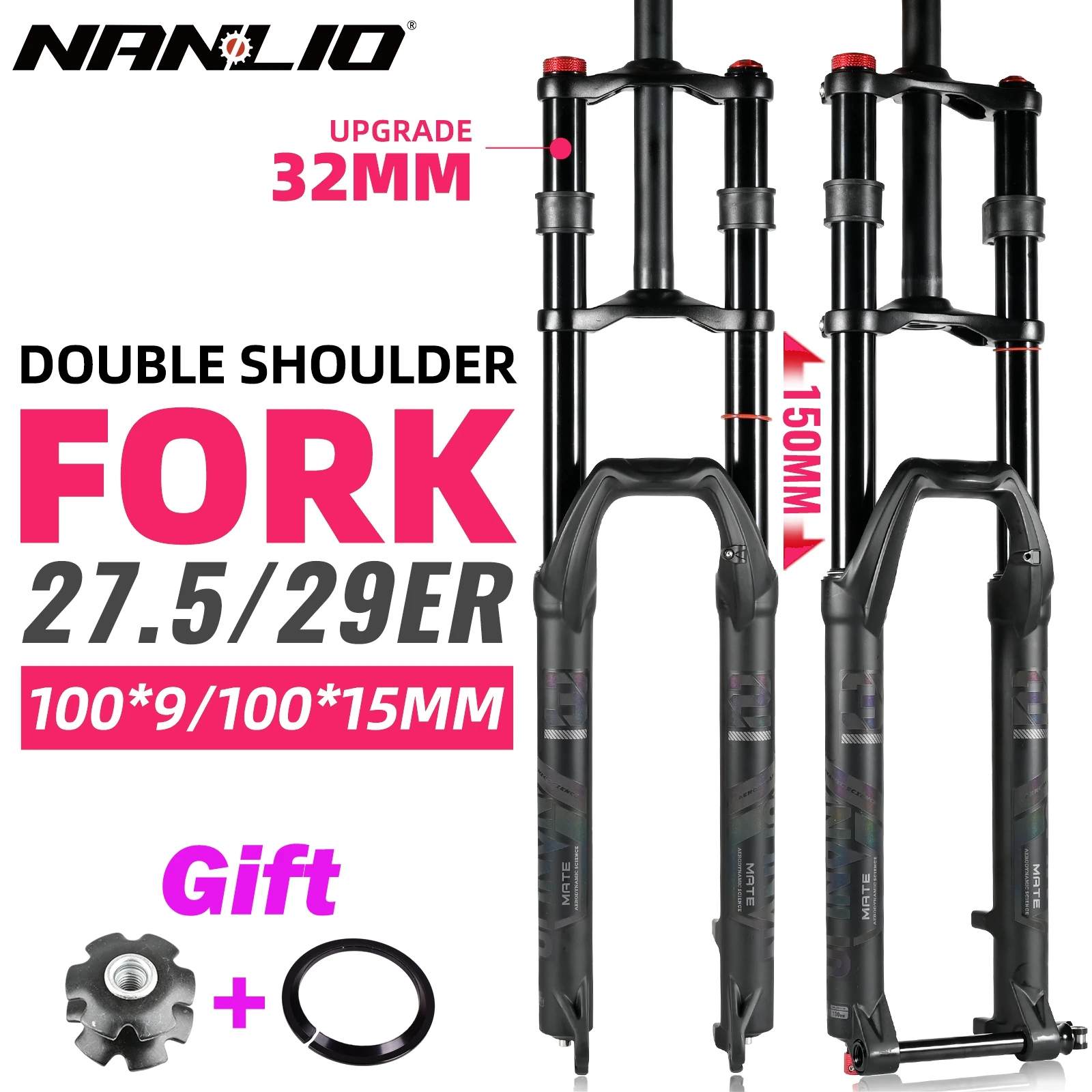 150mm Travel Air Suspension Bike Fork, NanLio Double Shoulder Snow Front Fork 27.5inch / 29*2.5 inch MTB Fork for E-bike, 15/9MM