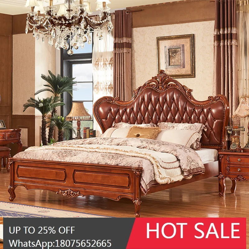 

MJY European Style Genuine Leather Bed Solid Wood Carved Furniture Top Layer Cowhide Luxury Master Bedroom Bed