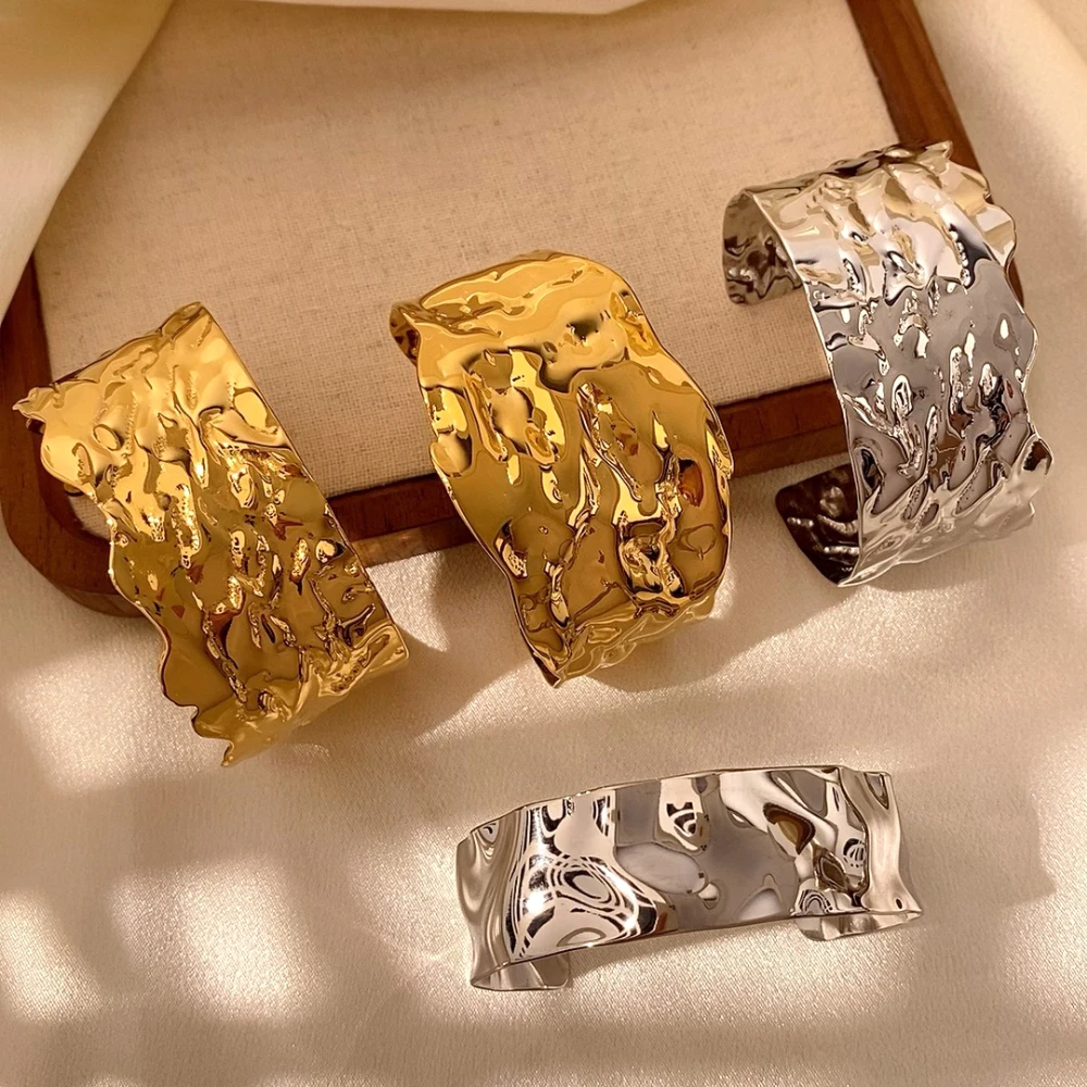 

CARLIDANA Trendy Exaggerated Wide Stainless Steel Bracelets Statement Cuff Open Chunky Waterproof Gold Plated Bangles for Women