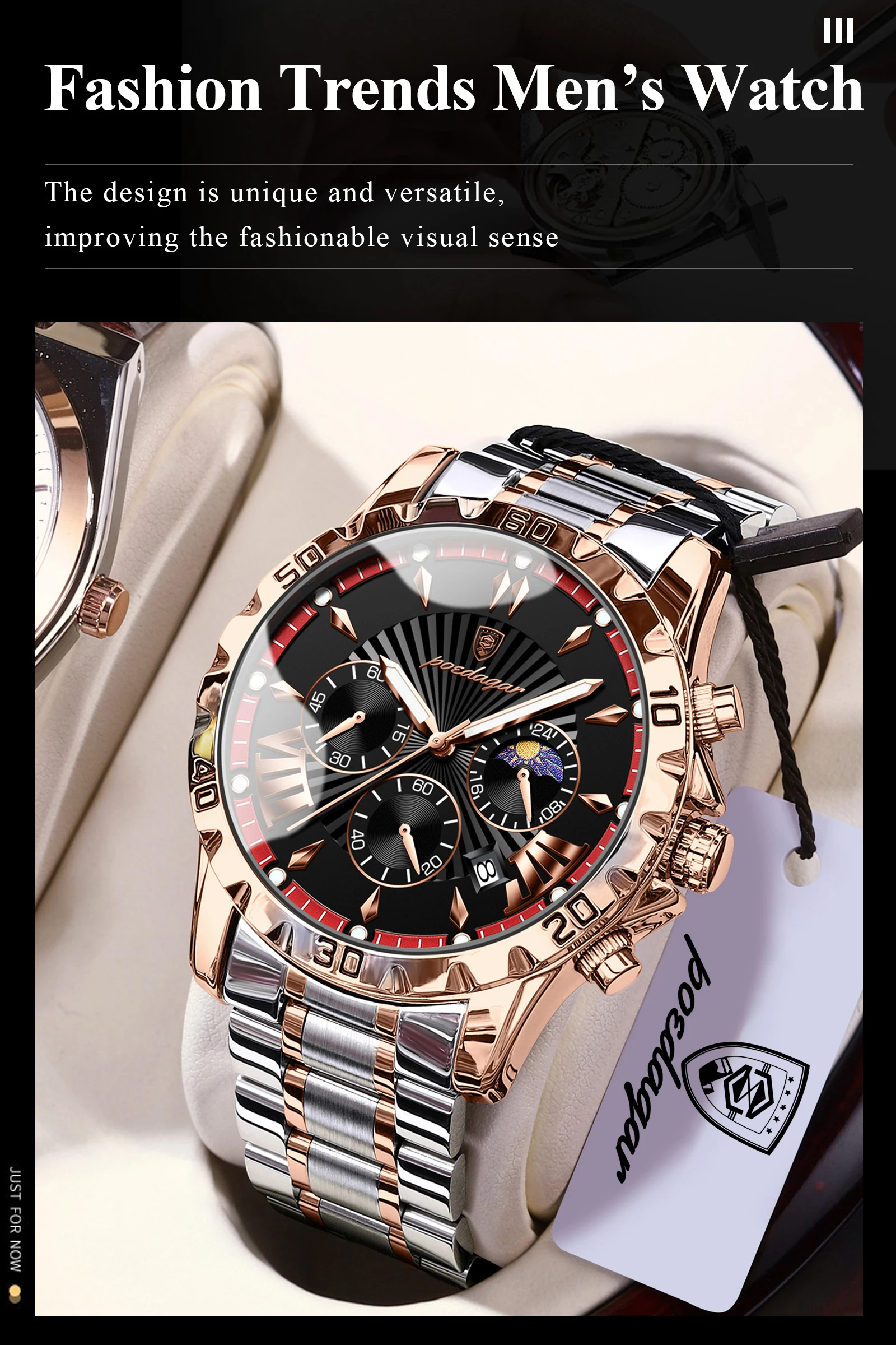 POEDAGAR Top-Luxus-Herrenuhr, Leuchtend, Wasserdicht, Edelstahl, Quarz, Chronograph, Datum, Militäruhr für Herren – Detail 15