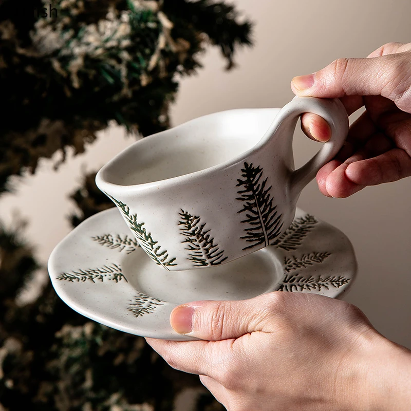Creative Relief Mug and Dish Set Ceramic Coffee Cup 160ml Milk Cup Beverage Cup Tea Cups Household Water Cups Christmas Gift