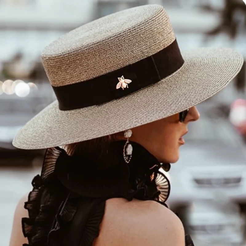 

Ladies Sun Fedora Hats Small Bee Shiny Straw Hat European American Retro Gold Braided Female Sunshade Flat Sequins Hat