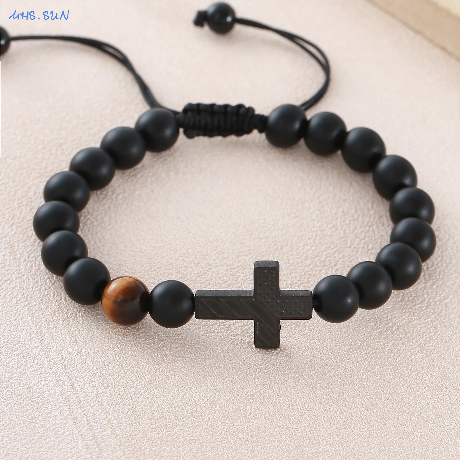 Natural Frosted Black Glass Yellow Tiger Eye AB Style Retro Adjustable Woven Drawstring Men Bracelet With Cross Pendant