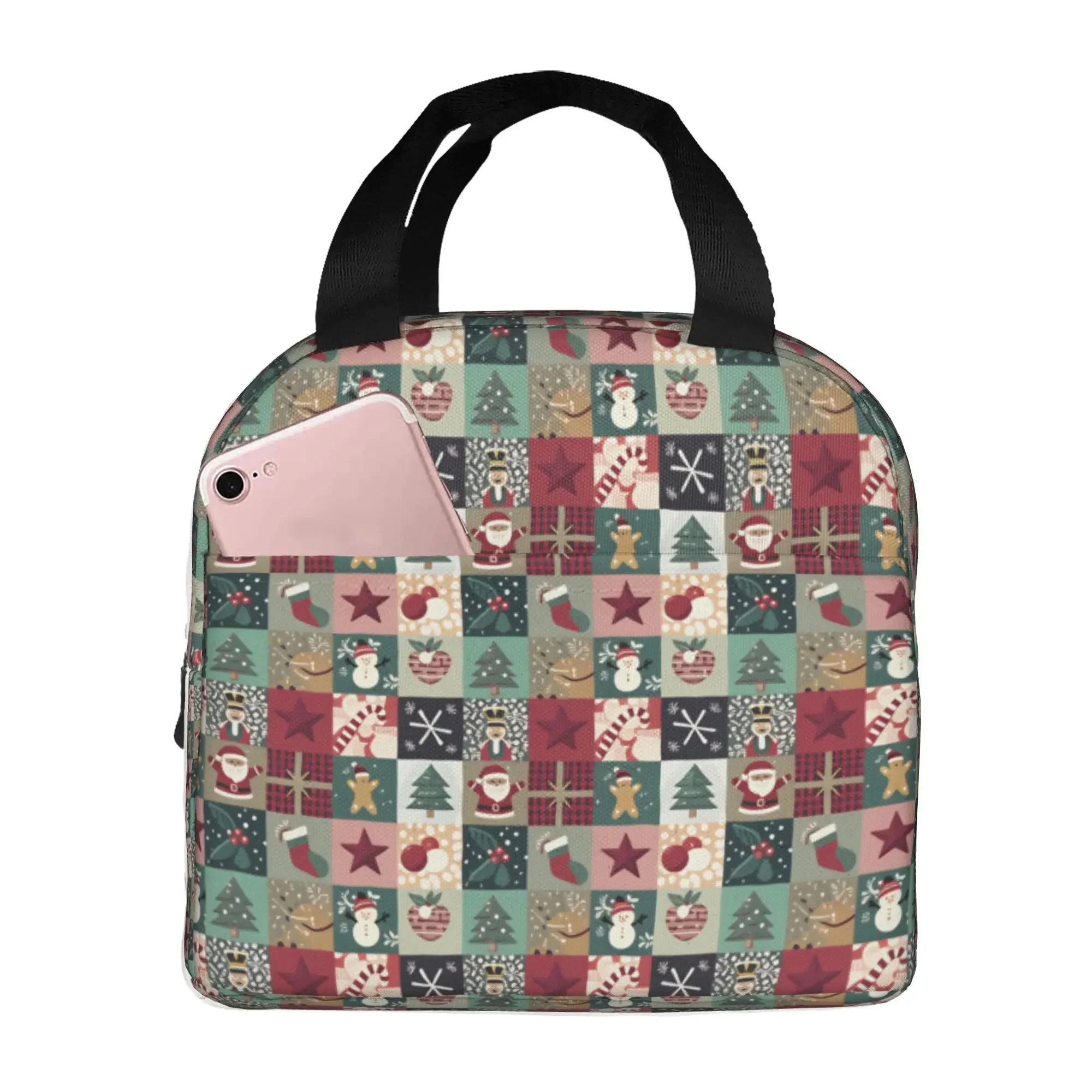 Christmas Xmas Patchwork  Insulated Lunch Bag for Women Resuable  Cooler Thermal Lunch Tote School