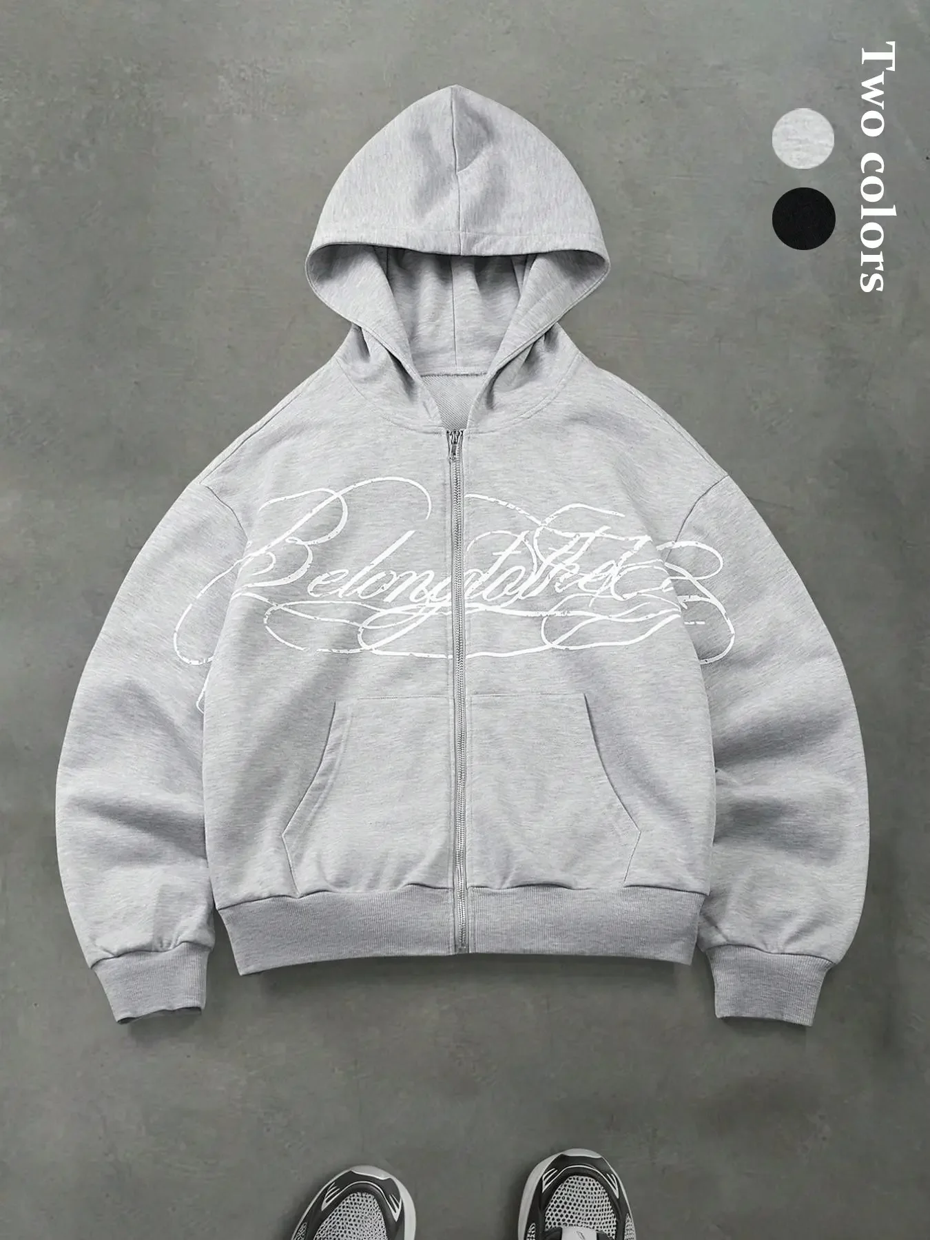 Men's and Women's Fitness Casual Zip Up Hoodie Streetwear Vintage Cursive Letter Print Cropped Full Zip Sweatshirt S‑2XL
