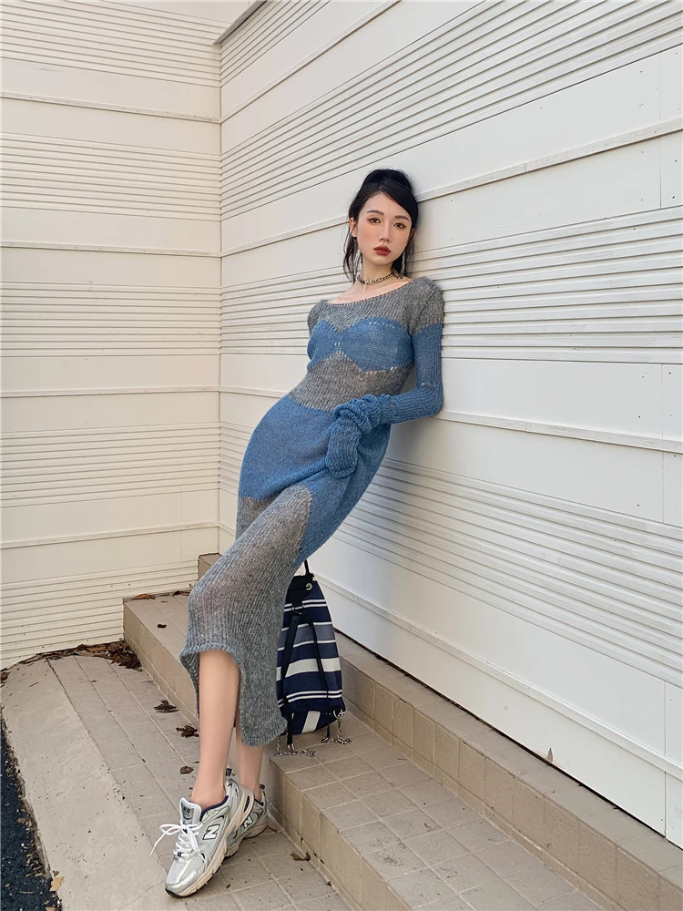 CHEERART Spring 2023 Mohair Long Knitted Dress Women See Through Bodycon Midi Sweater Dress Designer New In Knitwears