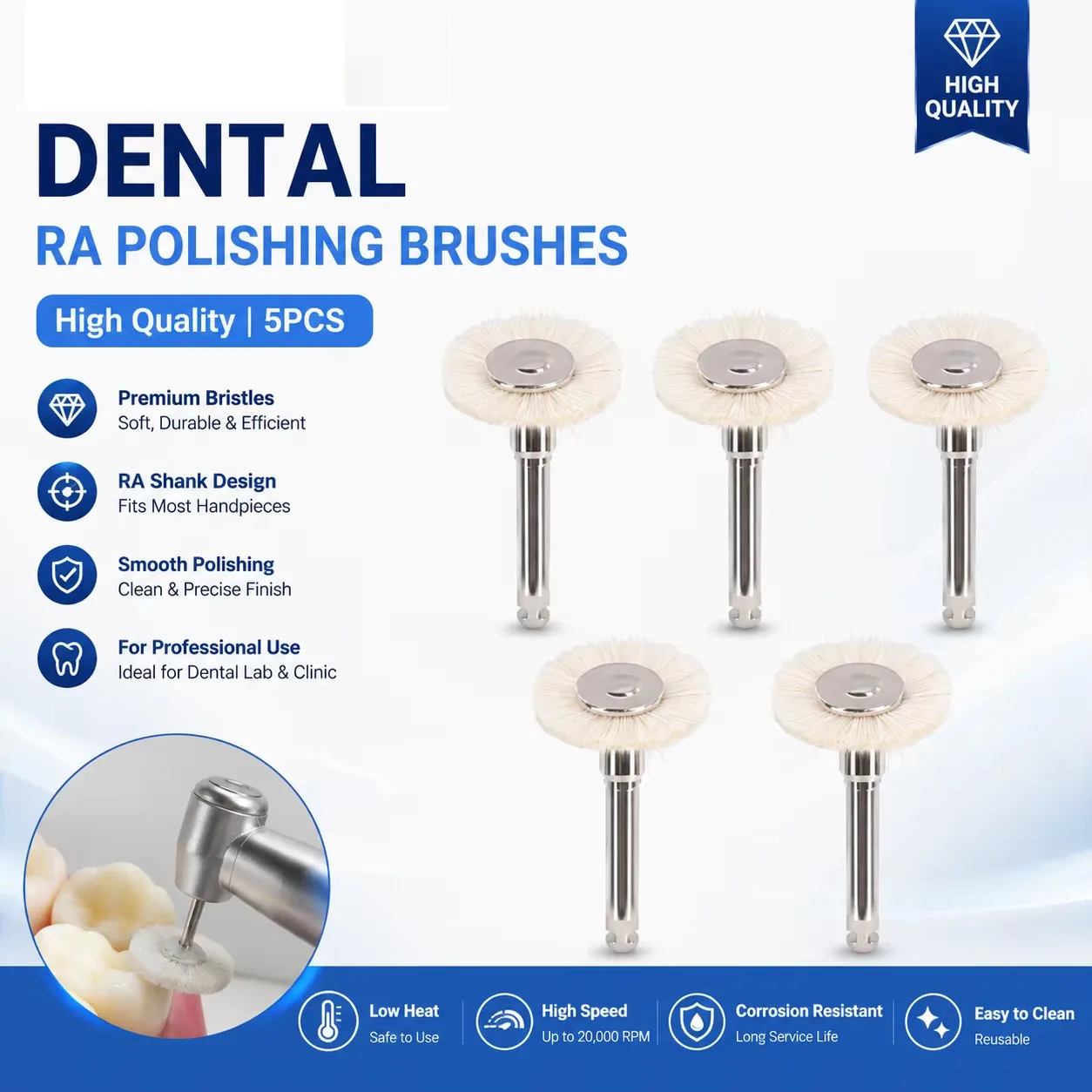 5pcs RA Shank Dental Polishing Brush Drill Wheel Materials Cotton Felt Goat Wool Alumina Tools Dia 10mm Handpiece Rotary Tools