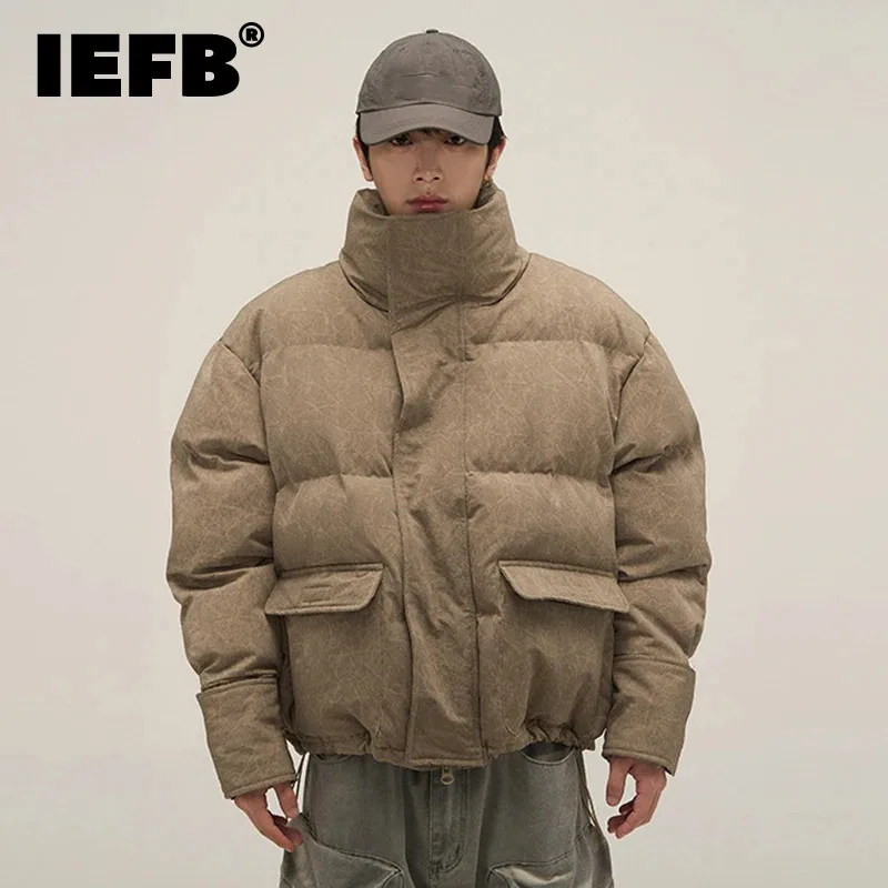 IEFB American Style Men's Padded Jackets Stand Collar Thickened Zipper Tops Worn-out Solid Color Loose Male Coats Winter 9C8614