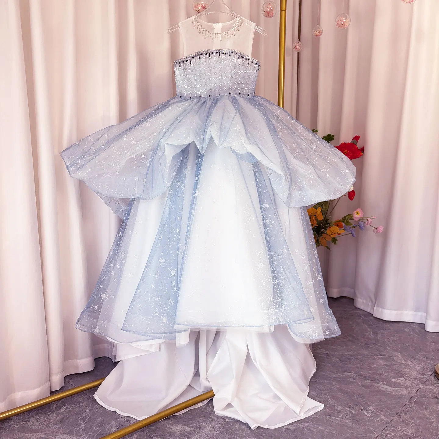 Jill Wish Luxury BLue Dubai Girl Dress Beaded Bow Arabic Princess Kids Wedding Birthday Party Long Ball Pageant Gown 2024  J135