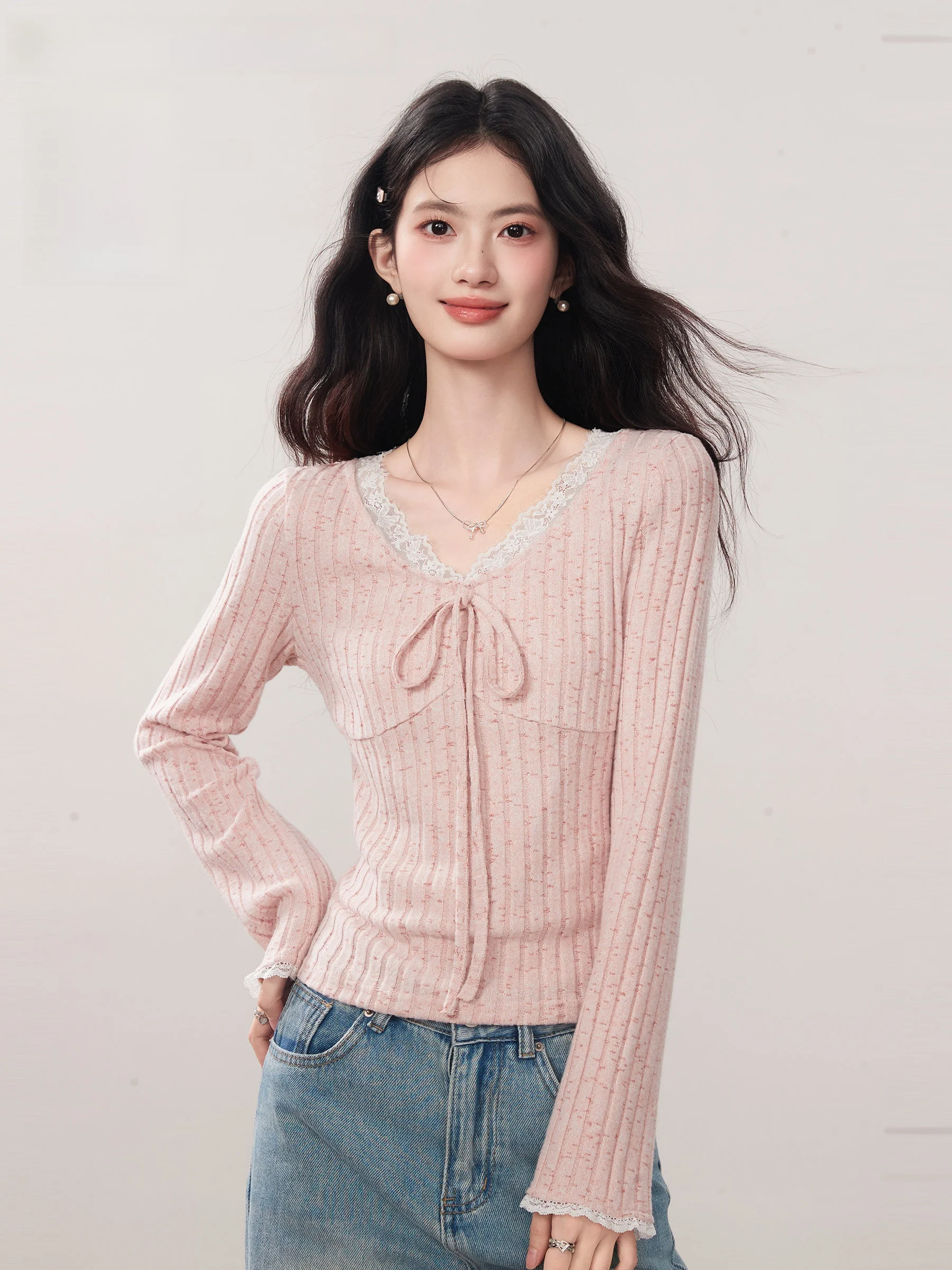 

Mist Island Series Women's Knitted Lace Base irt V-ne Tie-dye Spring Autumn Inner Knitwear Casual Sle