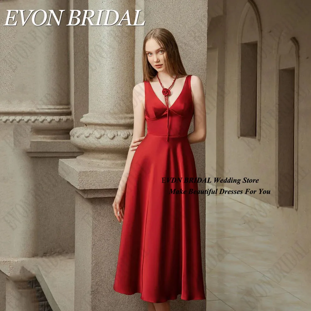 EVON BRIDAL A-lijn V-hals prom jurk mouwloos satijn vestidos de fiesta elegantes 2025 Midi thee-lengte avondjurk aangepast A-Lijn V-hals Prom Jurk Mouwloos Satijn vestidos de fiesta elegantes 2025 Midi Tea-Lengte Avond