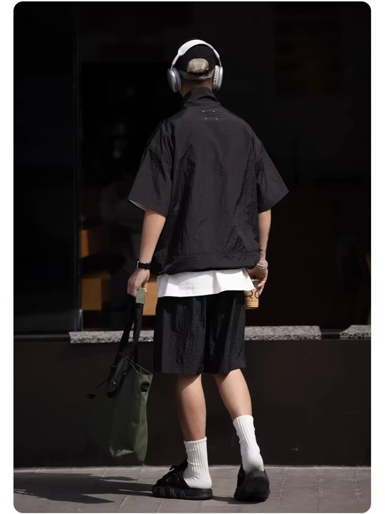 Quick-drying Cargo Set Men Harajuku Solid Color Loose Sunscreen T-shirt Wide Leg Oversize Sports Casual Shorts Summer 2pcs Suit