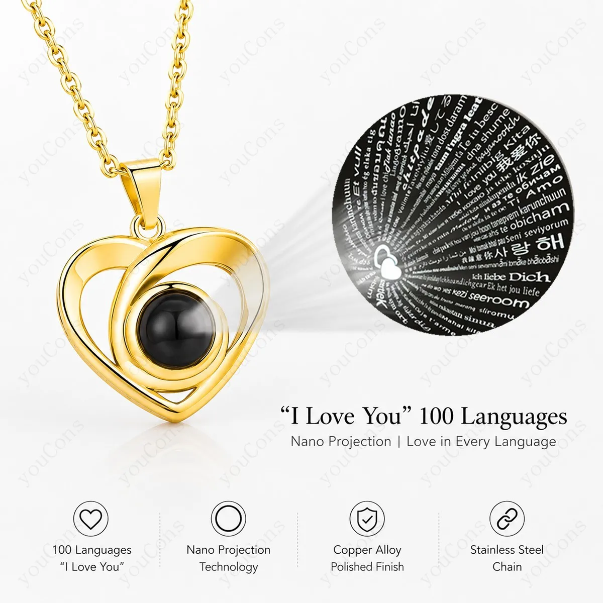 100 Languages I Love You Projection Necklace Heart Pendant With Multi Color Rose Gift Box Valentine's Anniversary For Women New