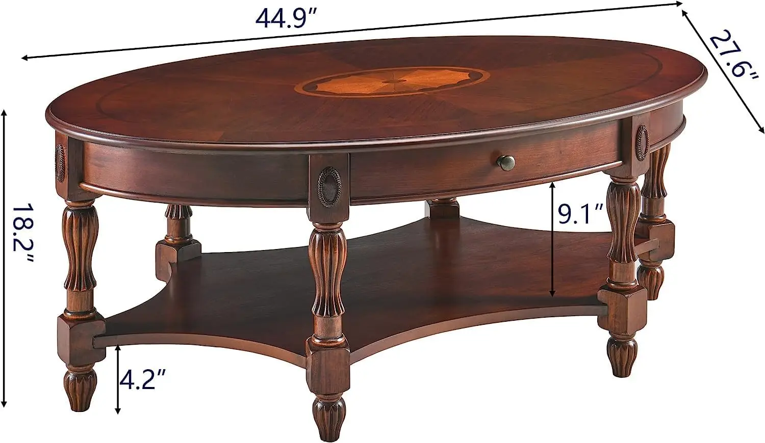 Solid Wood Oval Coffee Table with Drawer and Storage Shelf, Traditional Vintage Center Table Polished Edging Cocktail Tea Table