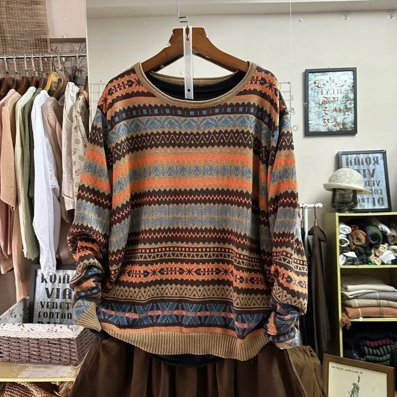 

Новый осенне-зимний свитер в стиле ретро с круглым вырезом, женский свободный и модный универсальный жаккардовый свитер с цветными блоками, топ
