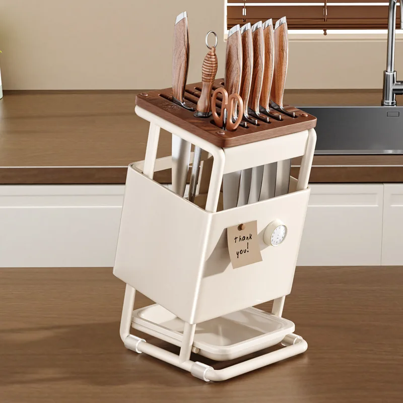 

Mid-Century Style Sliding Knife Rack 2025 New Kitchen Countertop Multi-Functional Knife and Cutting Tool Storage Holder