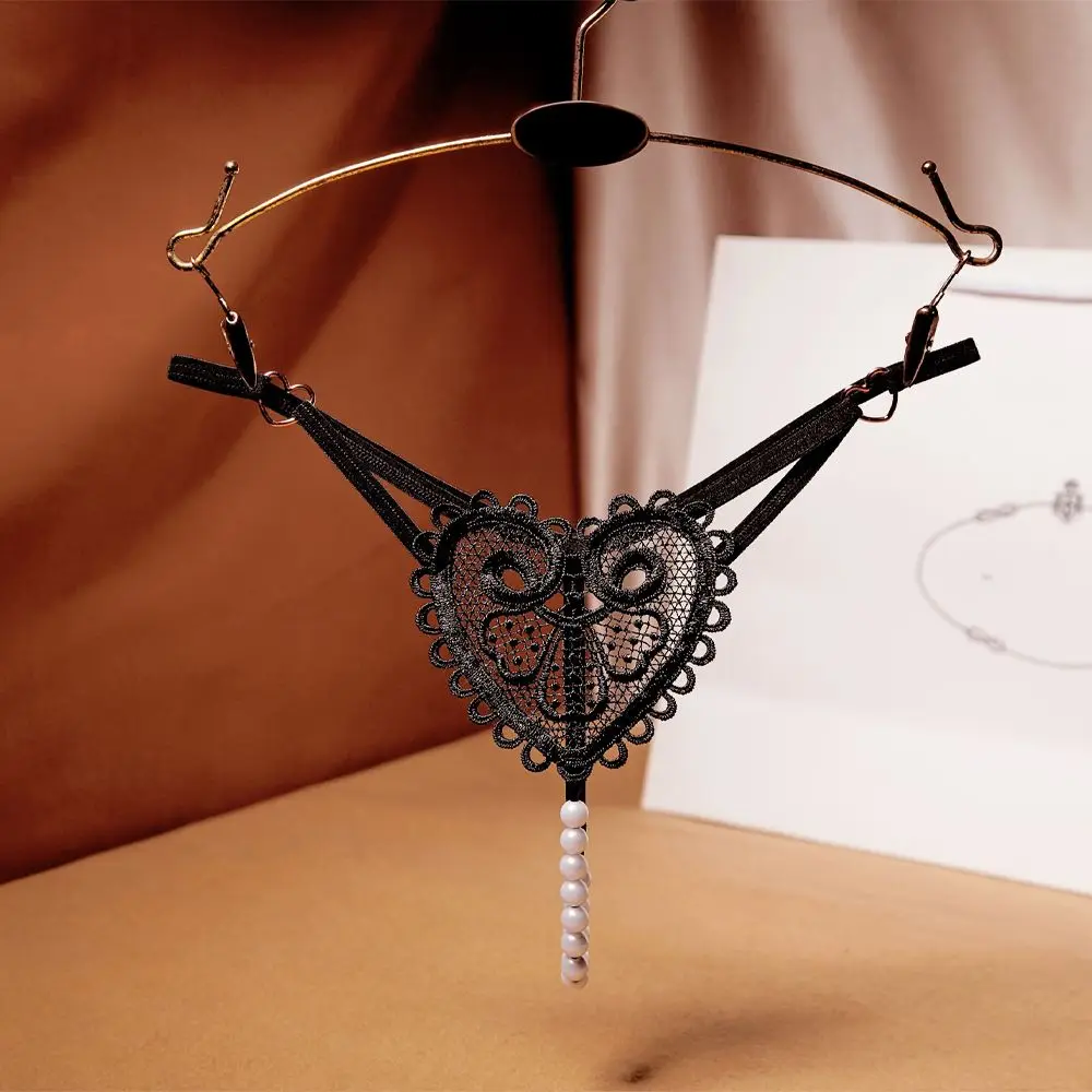 

Transparent Sexy Flower Embroidery Love Heart Underwear Lingerie Pearl Massage Panties Thongs